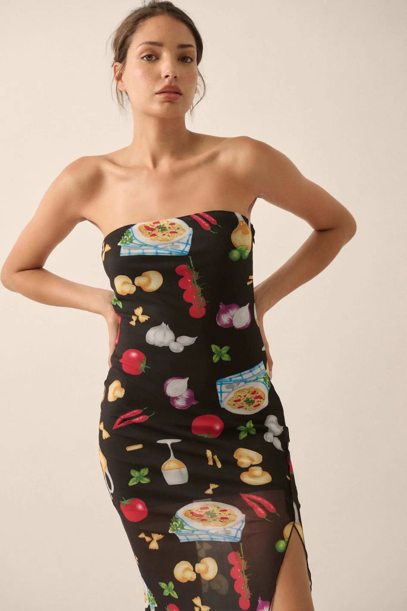 Mambo Italiano Printed Mesh Strapless Maxi Dress