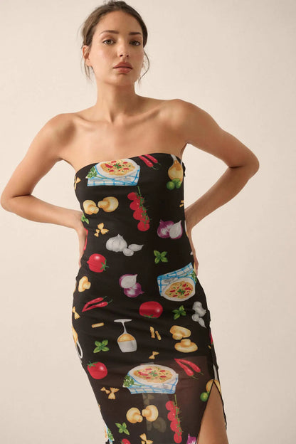 Mambo Italiano Printed Mesh Strapless Maxi Dress