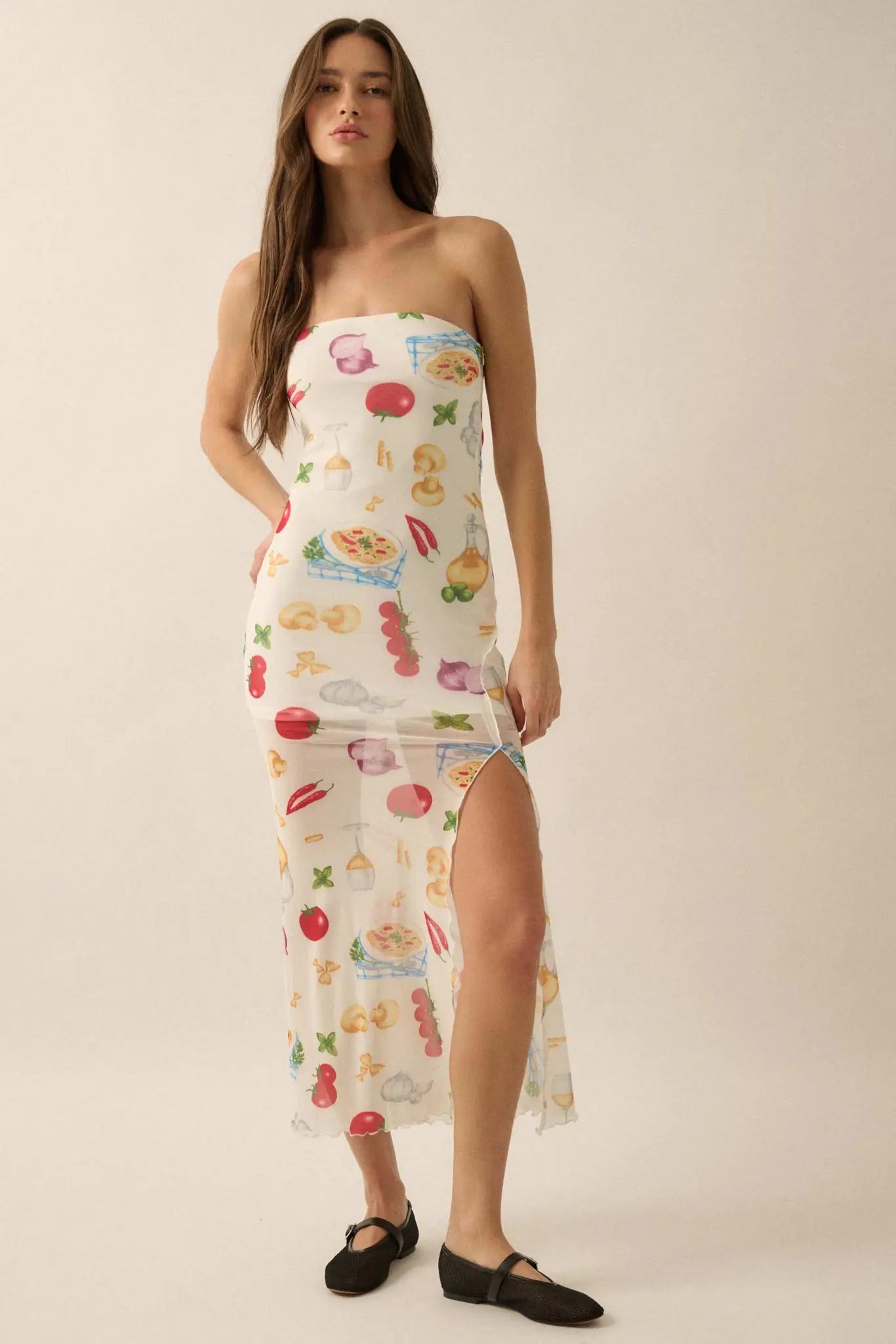 Mambo Italiano Printed Mesh Strapless Maxi Dress