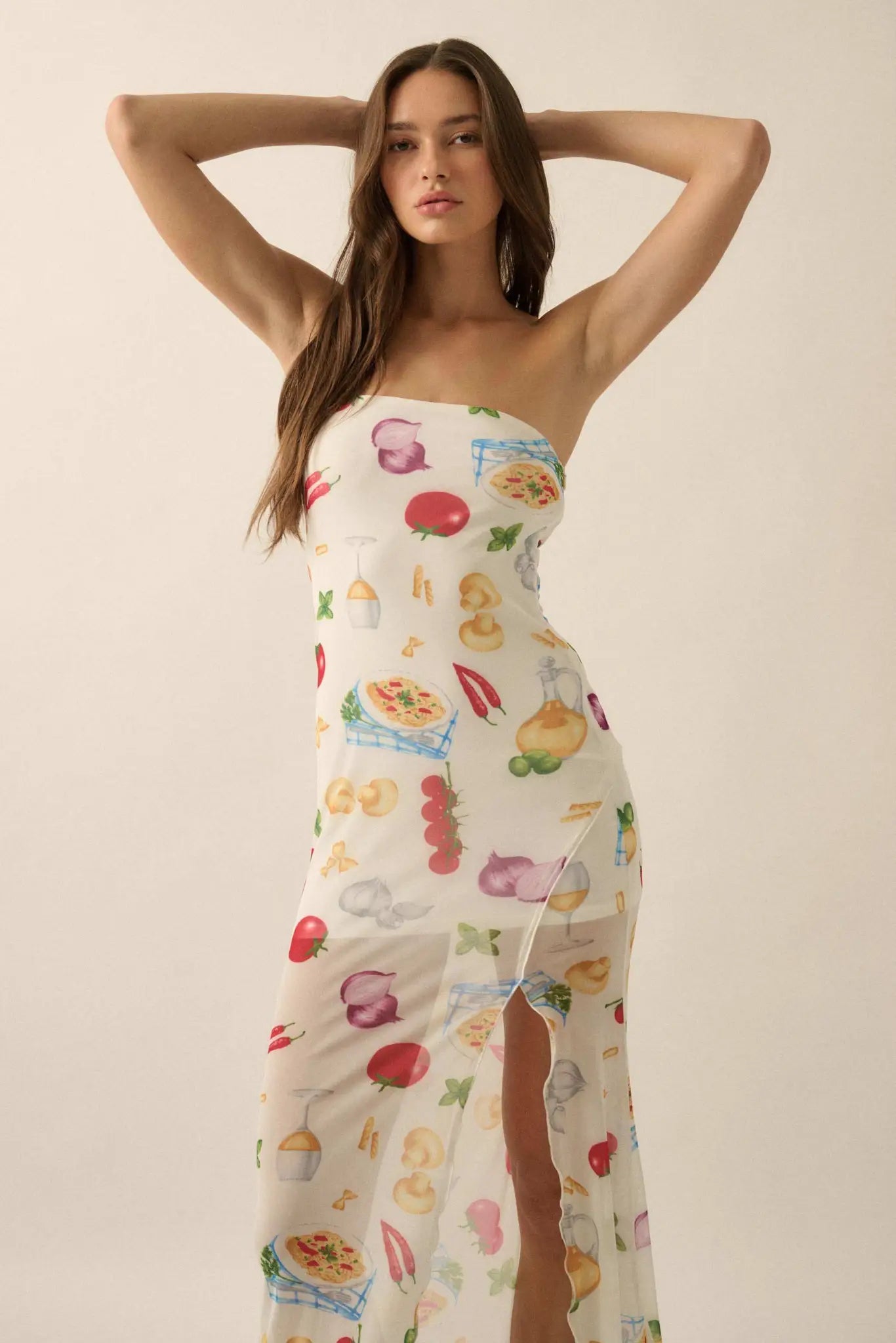 Mambo Italiano Printed Mesh Strapless Maxi Dress