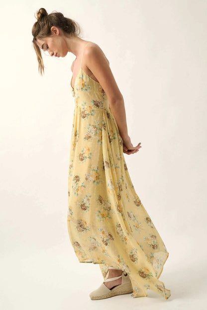 Fresh Roses Floral Swiss Dot Chiffon Maxi Dress