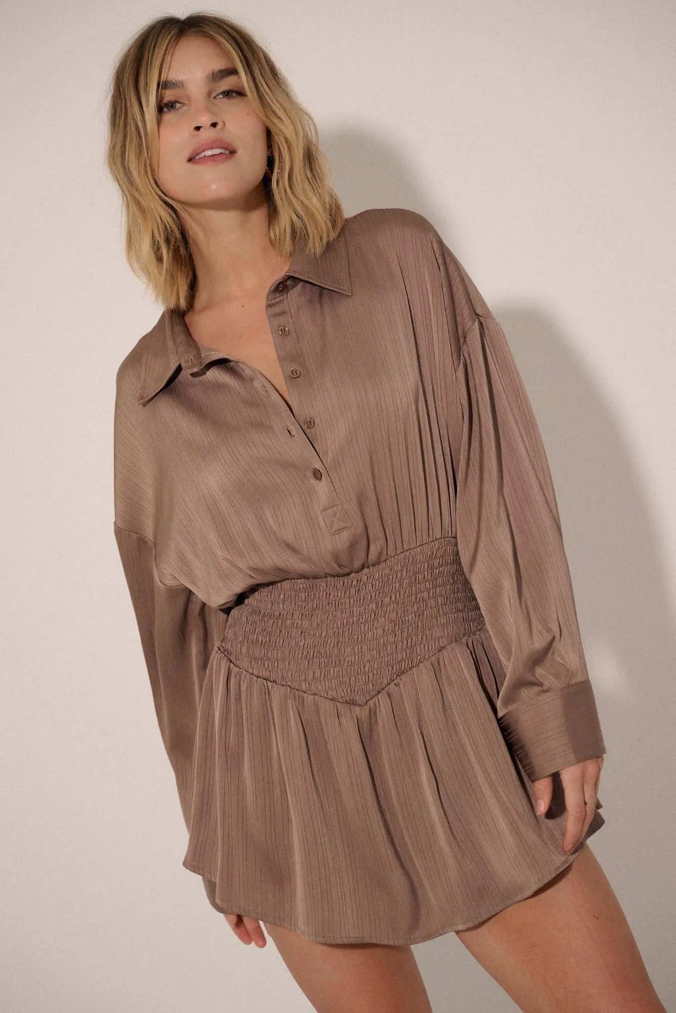 Silky Sensation Striped Satin Smocked Shirt Romper