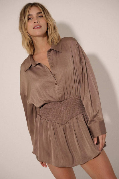 Silky Sensation Striped Satin Smocked Shirt Romper