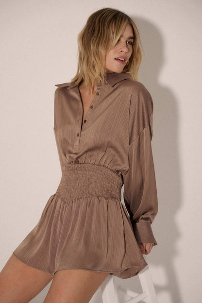 Silky Sensation Striped Satin Smocked Shirt Romper