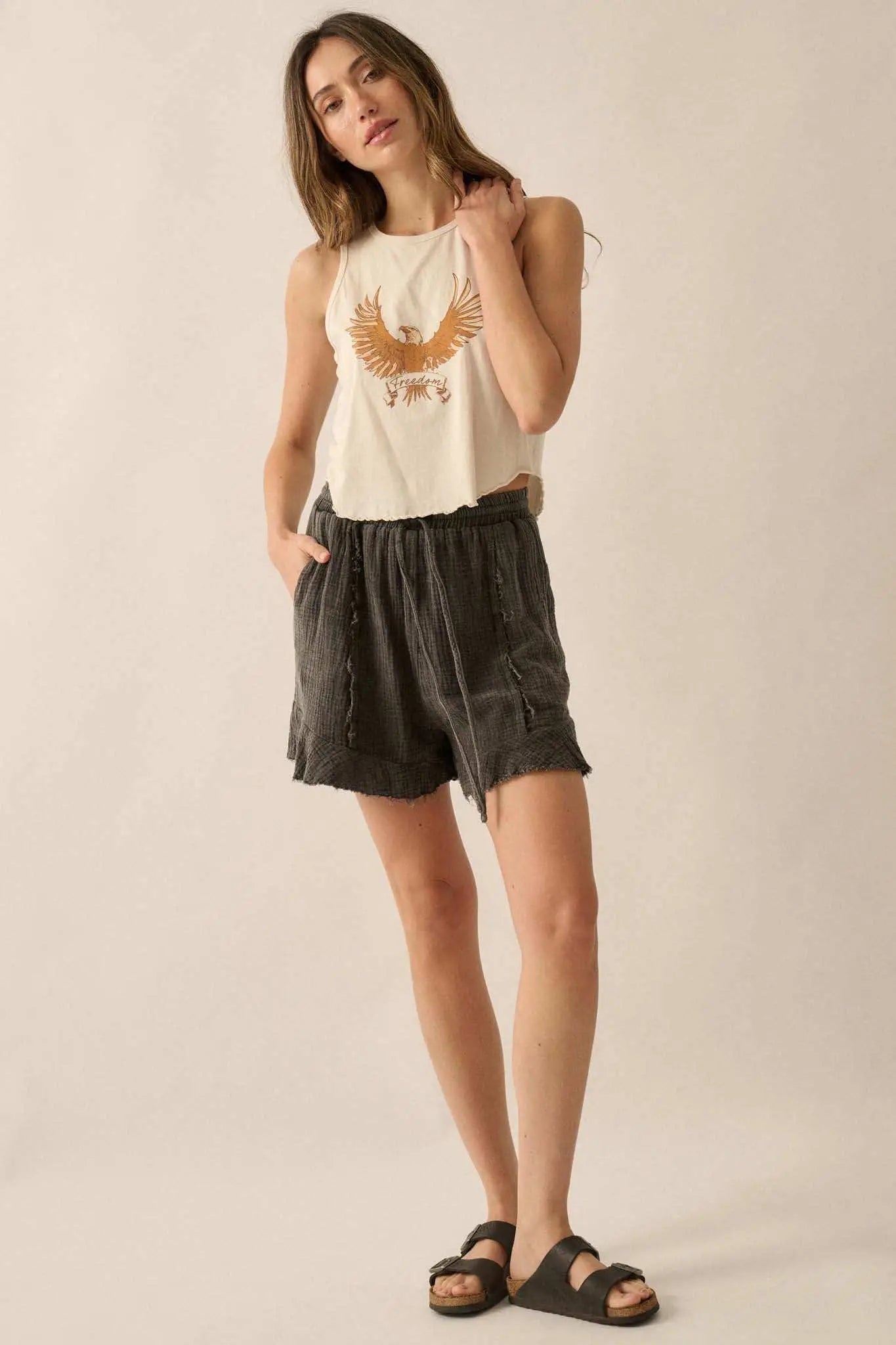 Ruffle and Ready Crinkle Cotton Raw-Edge Shorts