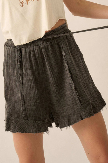 Ruffle and Ready Crinkle Cotton Raw-Edge Shorts
