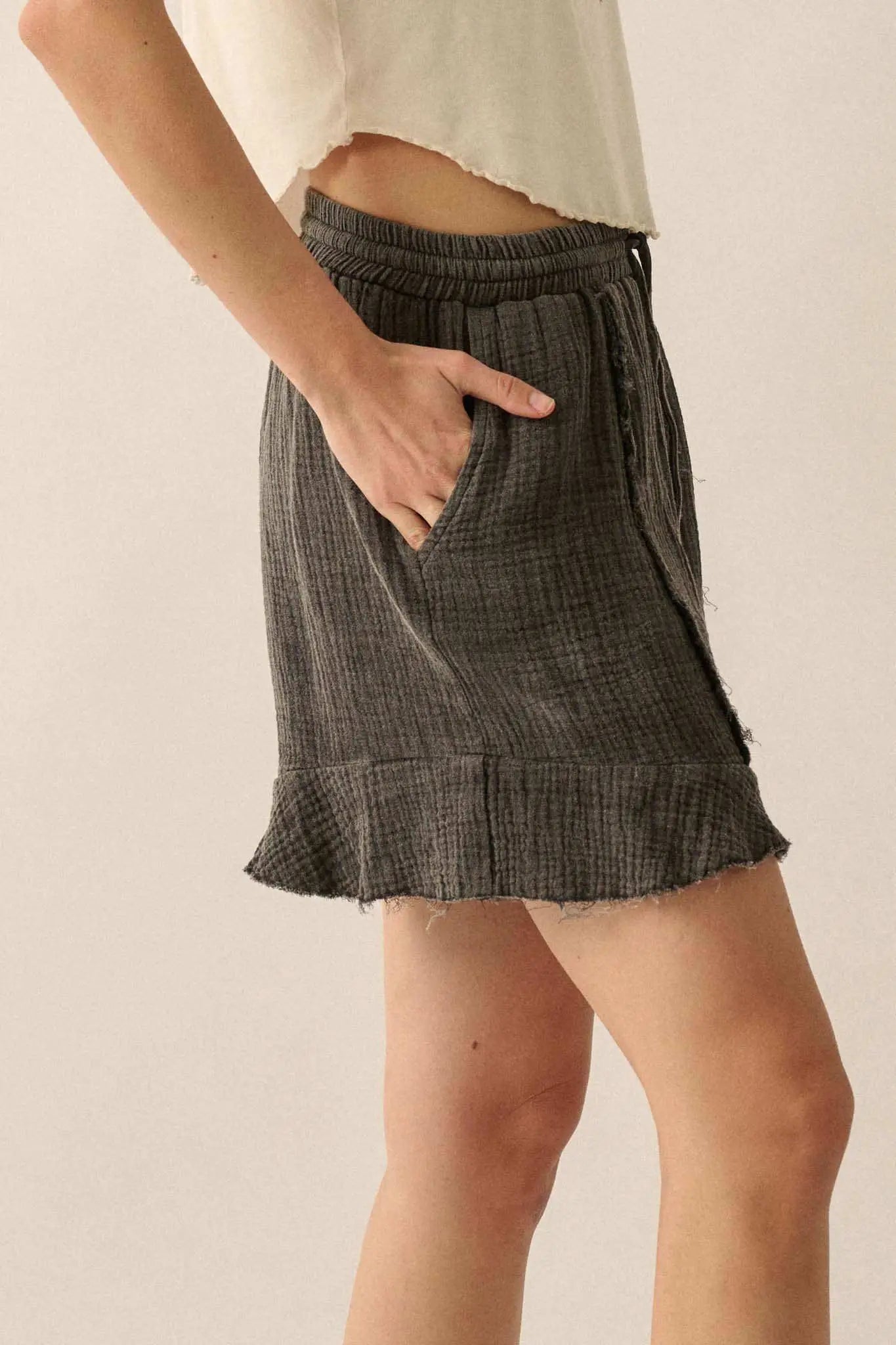 Ruffle and Ready Crinkle Cotton Raw-Edge Shorts