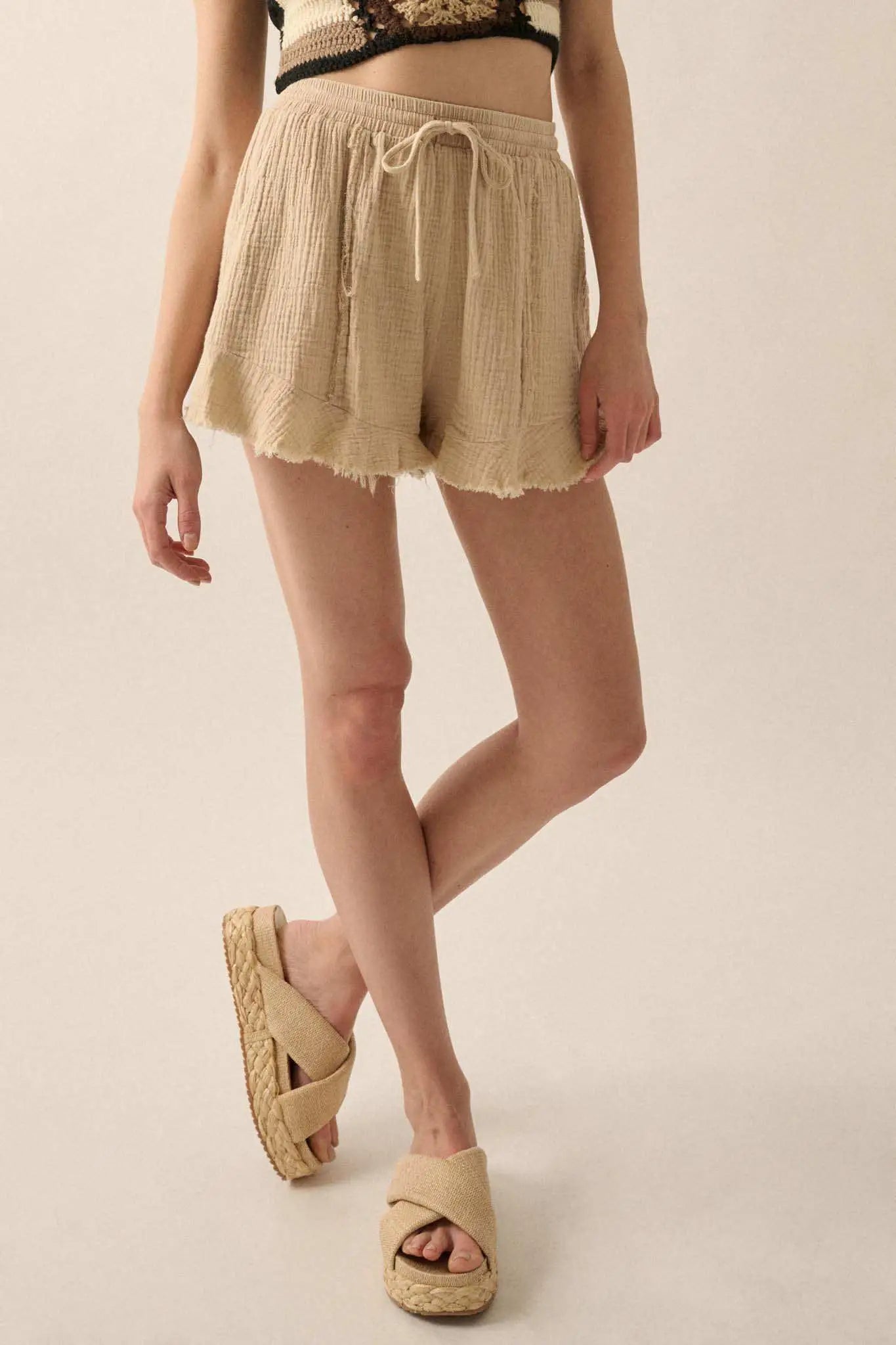 Ruffle and Ready Crinkle Cotton Raw-Edge Shorts