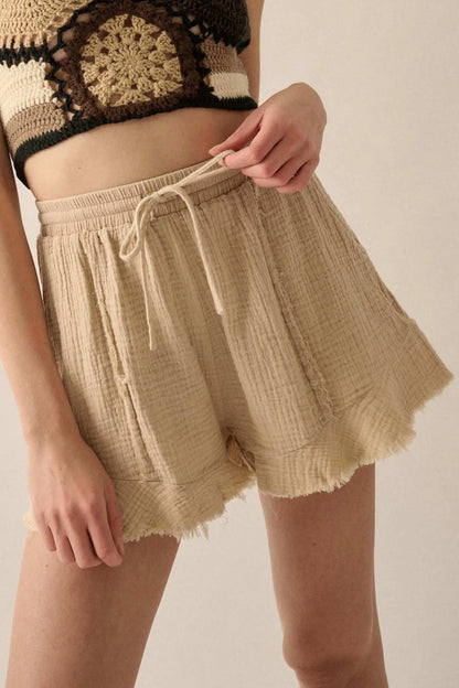 Ruffle and Ready Crinkle Cotton Raw-Edge Shorts