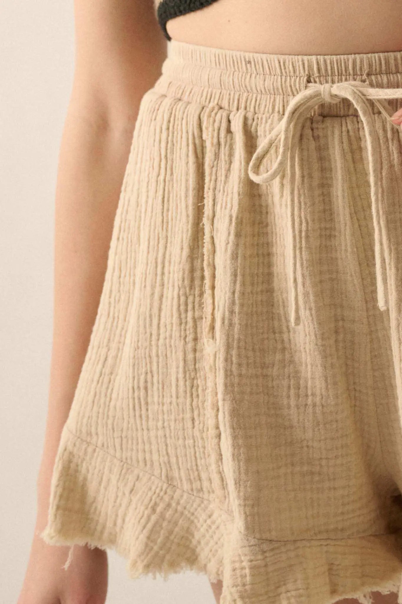 Ruffle and Ready Crinkle Cotton Raw-Edge Shorts