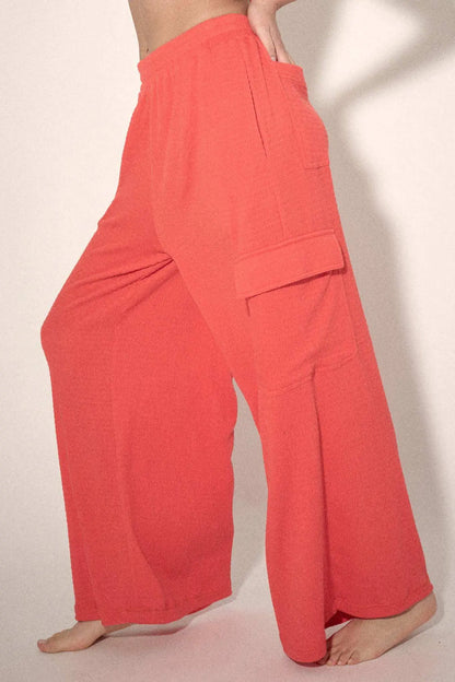 Smocked Jersey Wide-Leg Cargo Lounge Pants