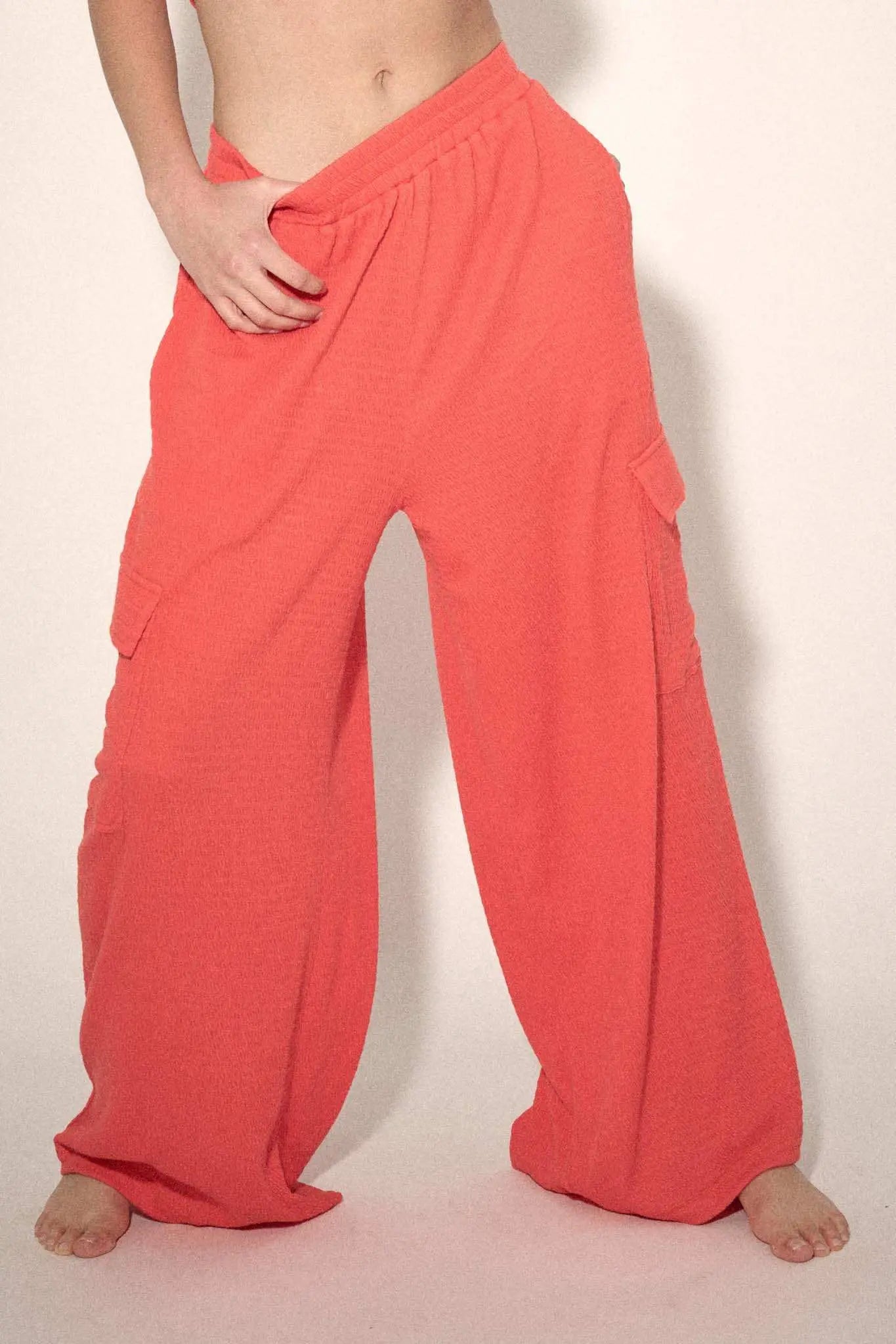 Smocked Jersey Wide-Leg Cargo Lounge Pants