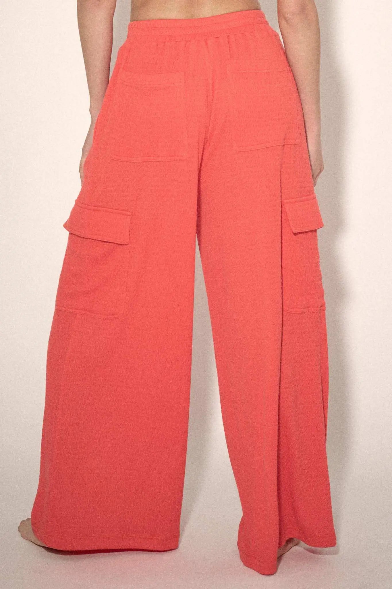 Smocked Jersey Wide-Leg Cargo Lounge Pants