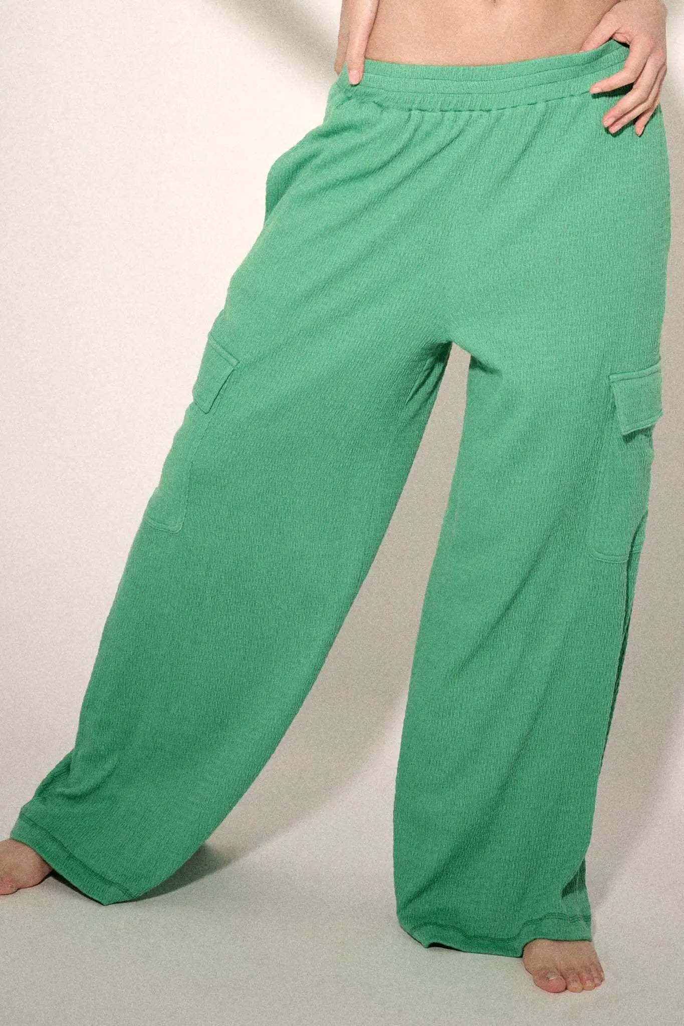 Smocked Jersey Wide-Leg Cargo Lounge Pants