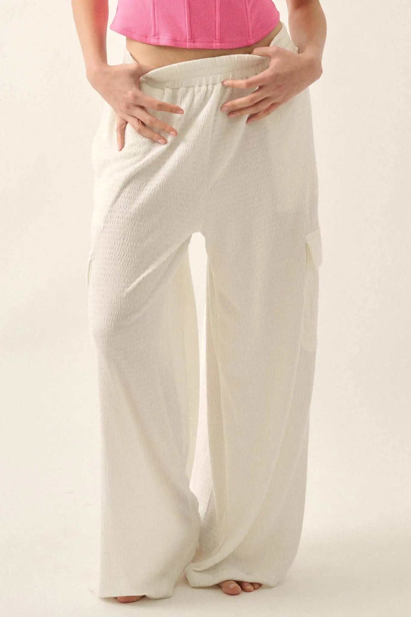 Smocked Jersey Wide-Leg Cargo Lounge Pants