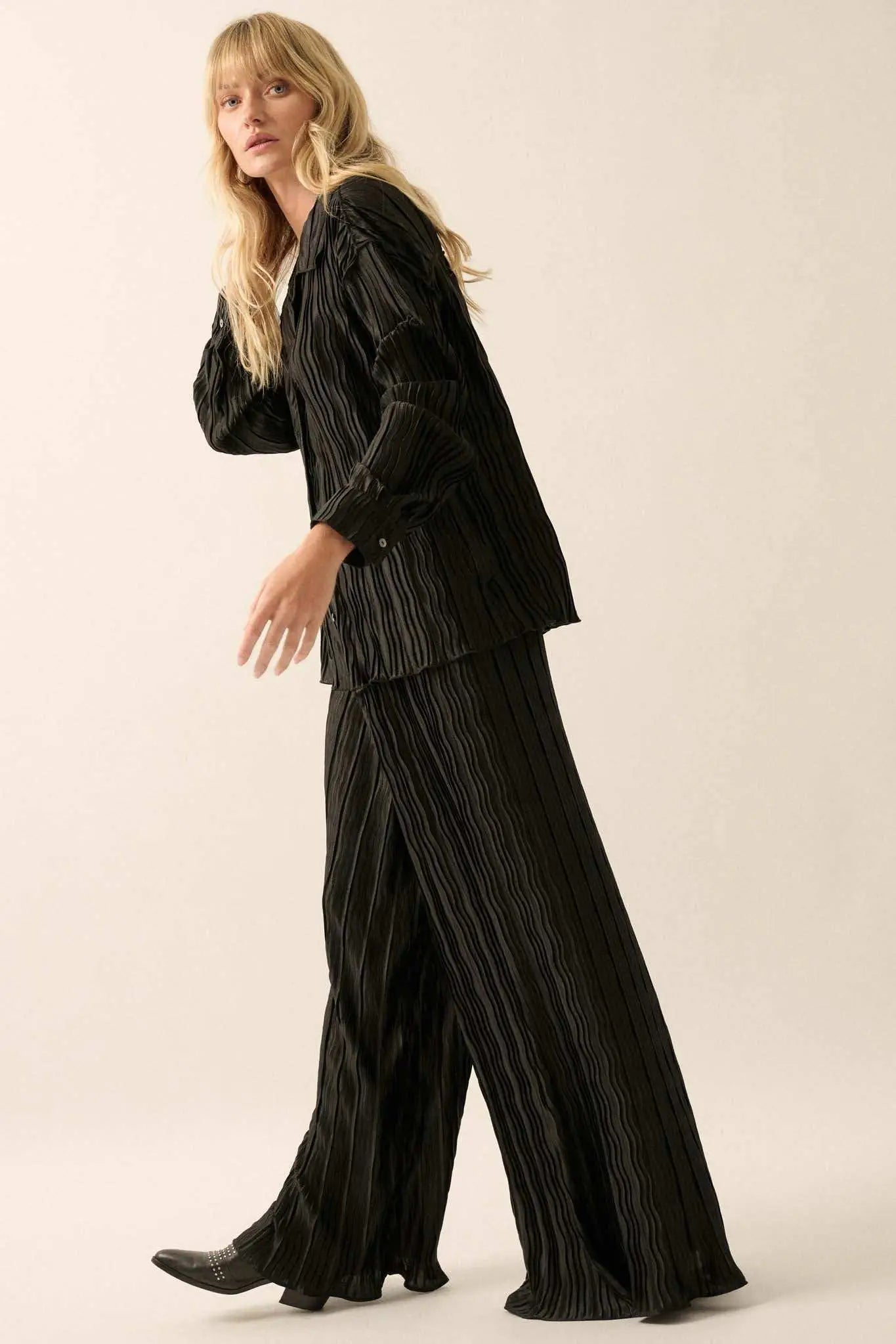 Dark Tide Pleated Wide-Leg Palazzo Pants