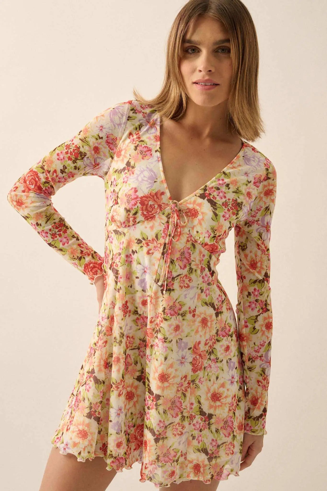 Growing Wild Floral-Print Mesh Long-Sleeve Romper