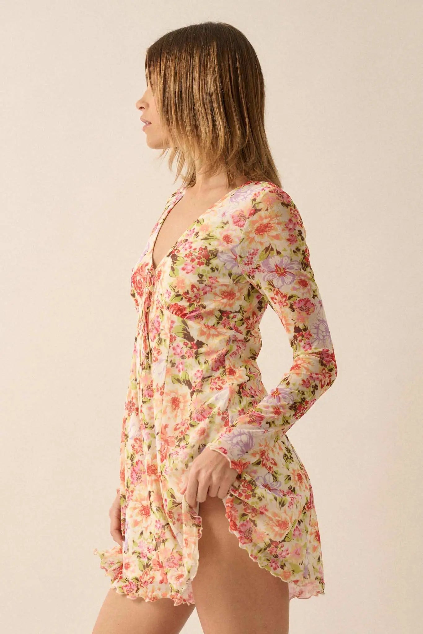 Growing Wild Floral-Print Mesh Long-Sleeve Romper
