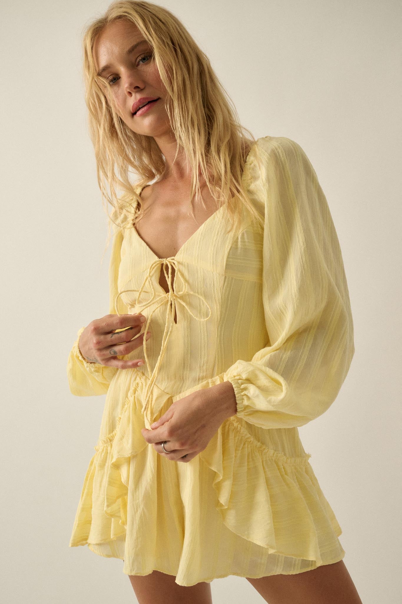 Life Is Sweet Striped Ruffle Tie-Front Romper