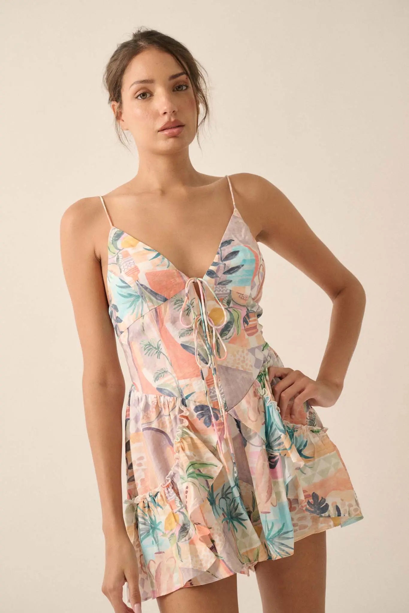 Miami Heat Tropical Motif-Print Tie-Front Romper