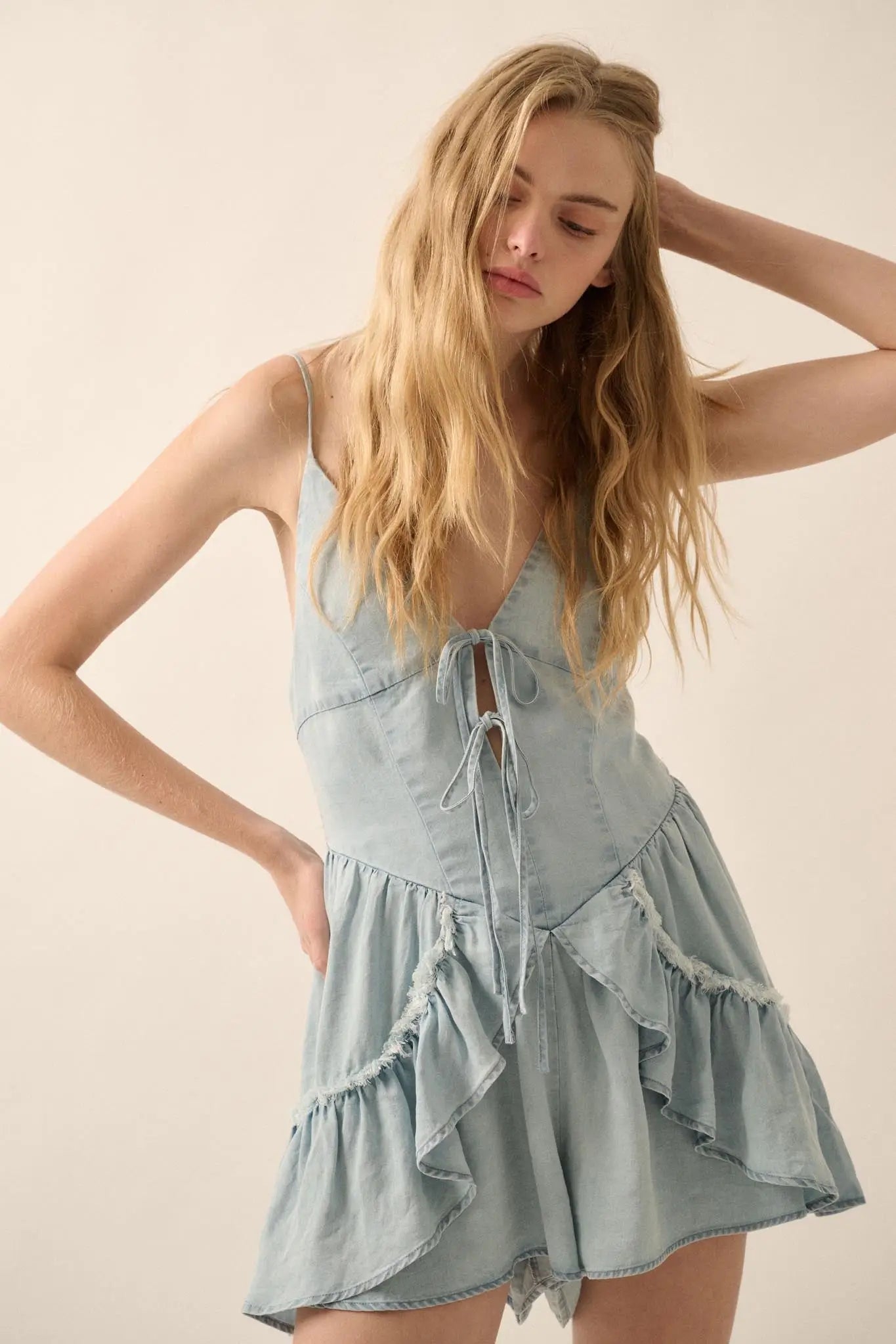 Above the Clouds Ruffled Denim Tie-Front Romper