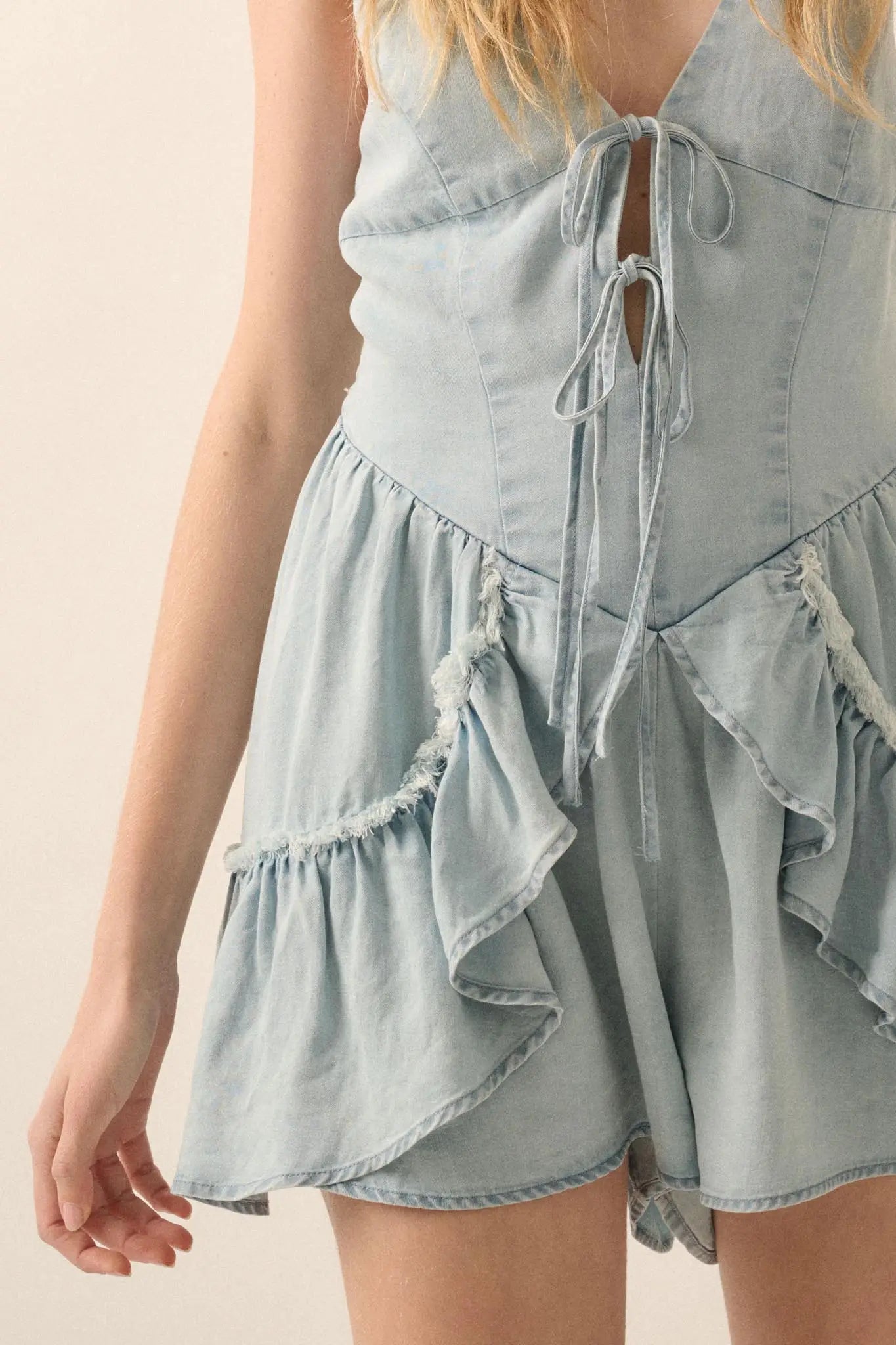 Above the Clouds Ruffled Denim Tie-Front Romper