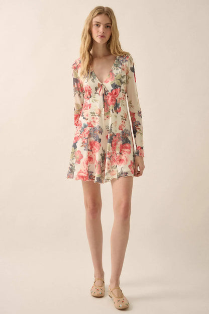 Bloom to Life Floral-Print Mesh V-Neck Romper