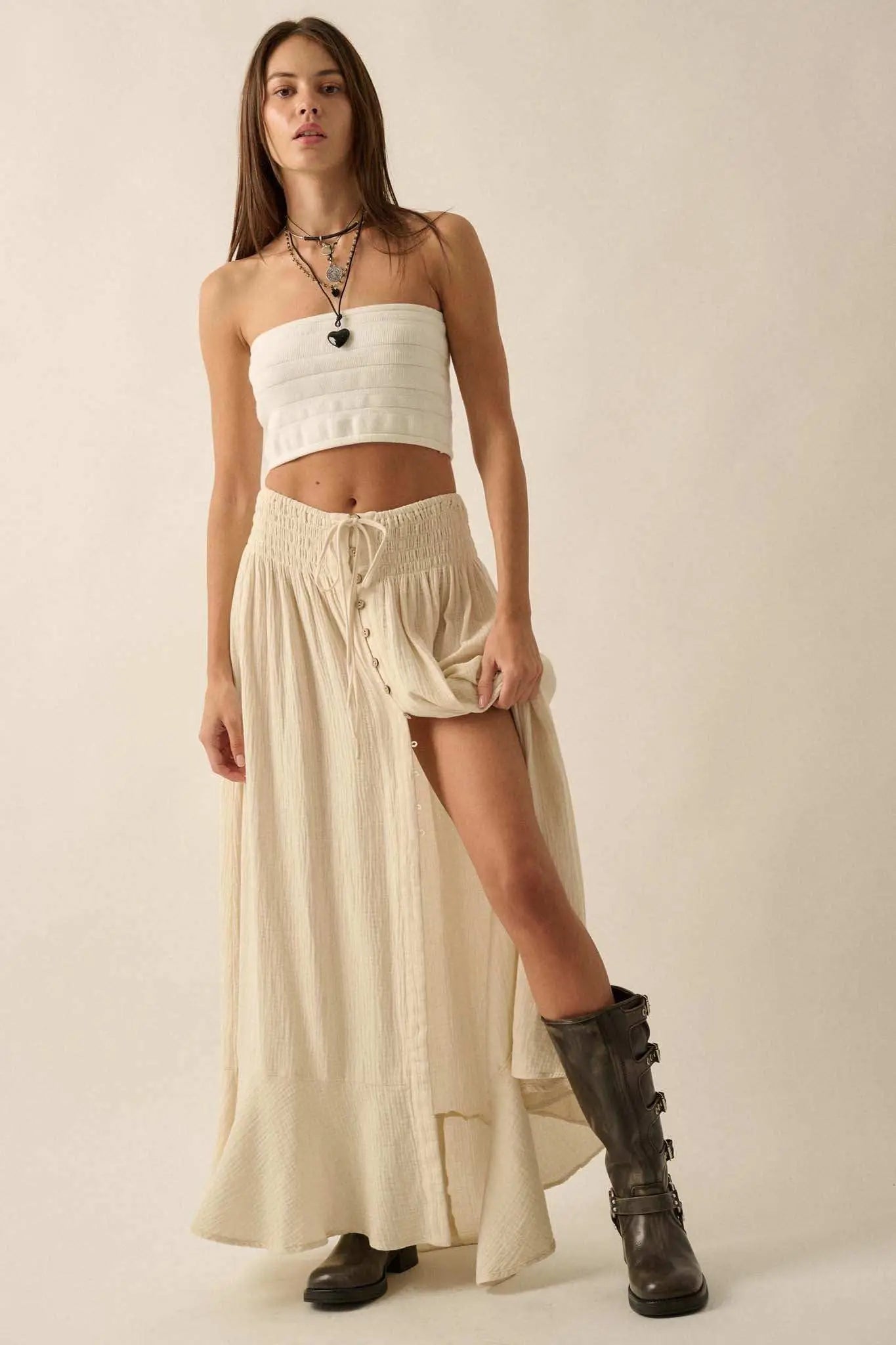 In the Wind Crinkle Cotton Button-Front Maxi Skirt