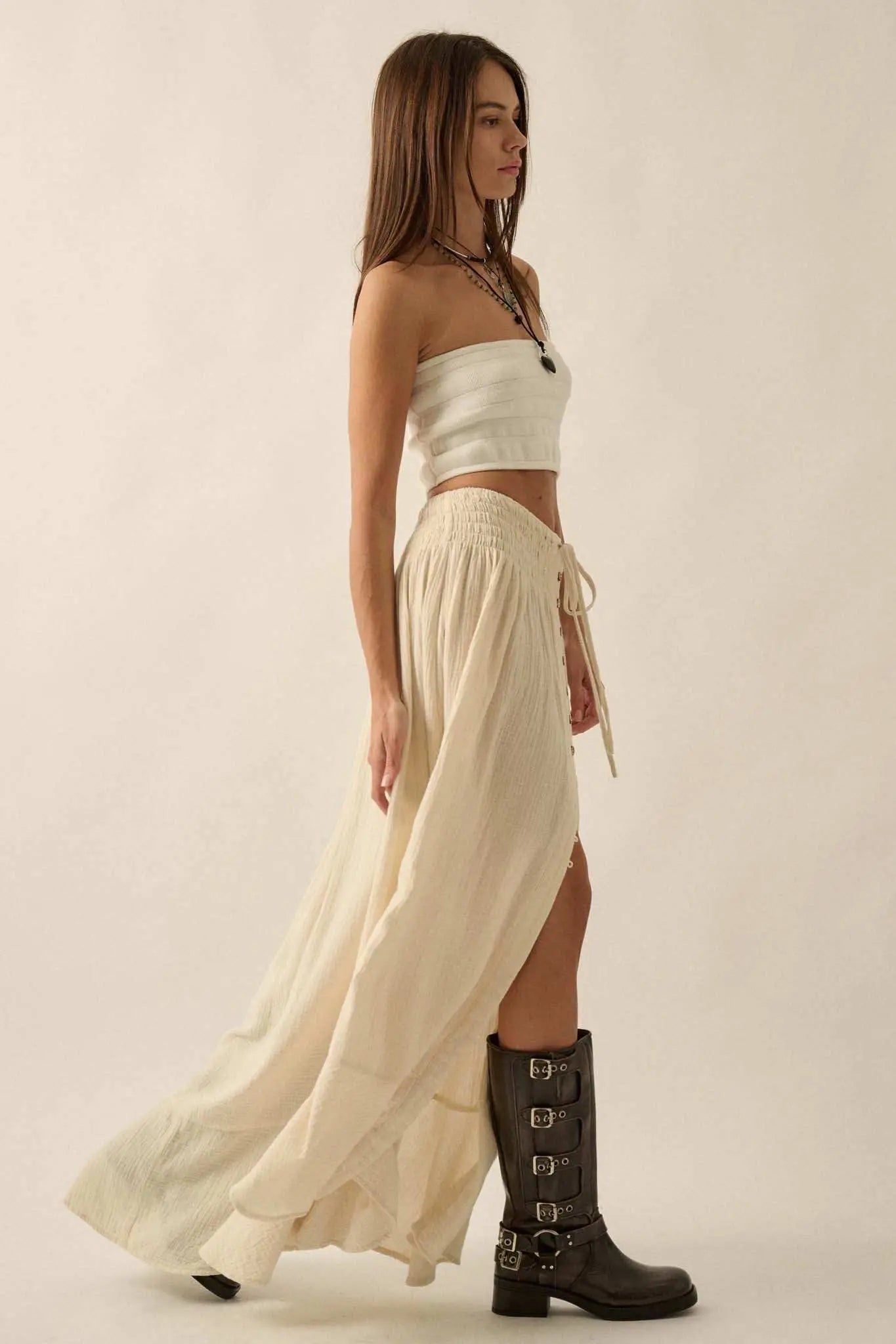 In the Wind Crinkle Cotton Button-Front Maxi Skirt