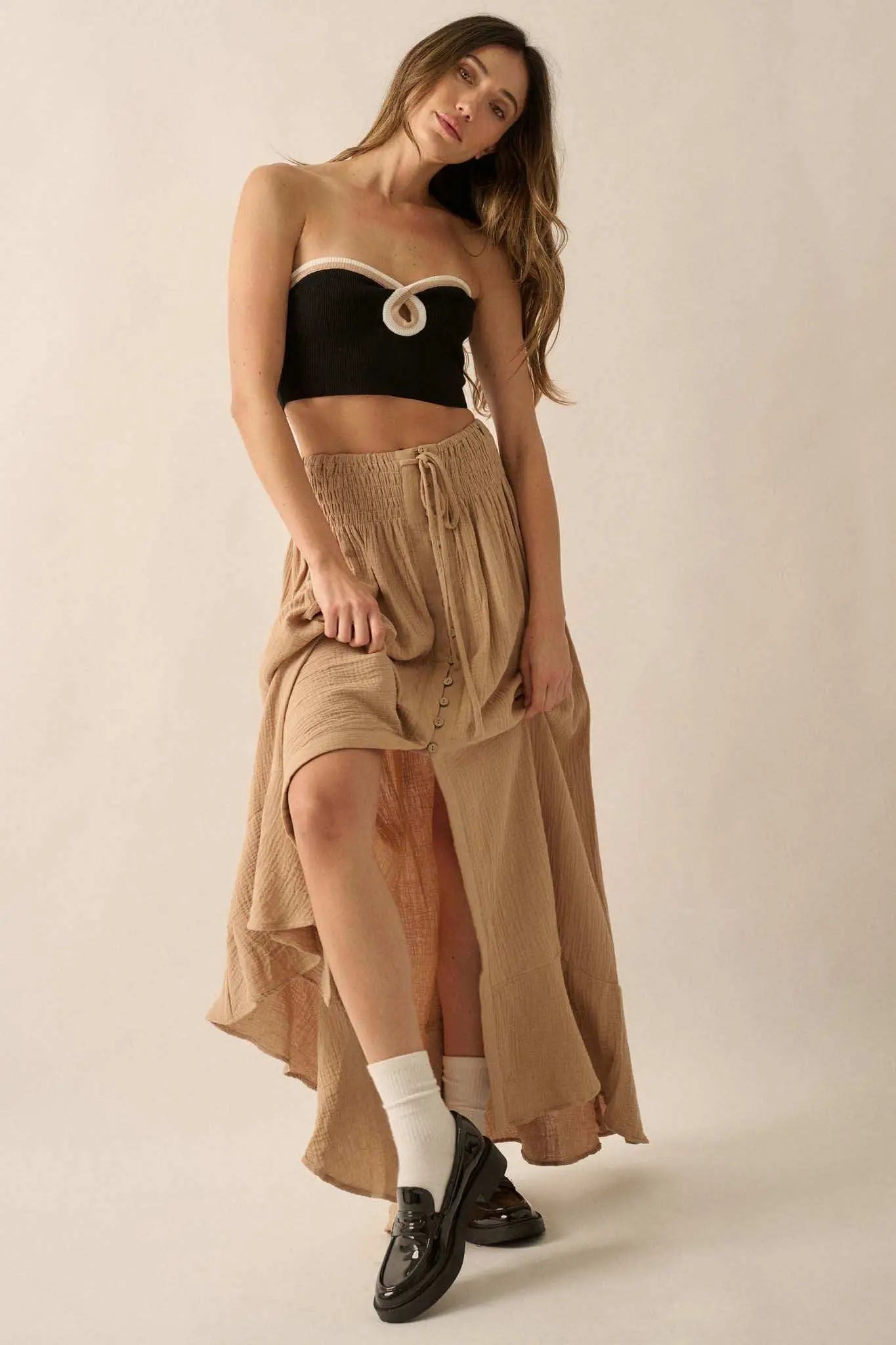 In the Wind Crinkle Cotton Button-Front Maxi Skirt
