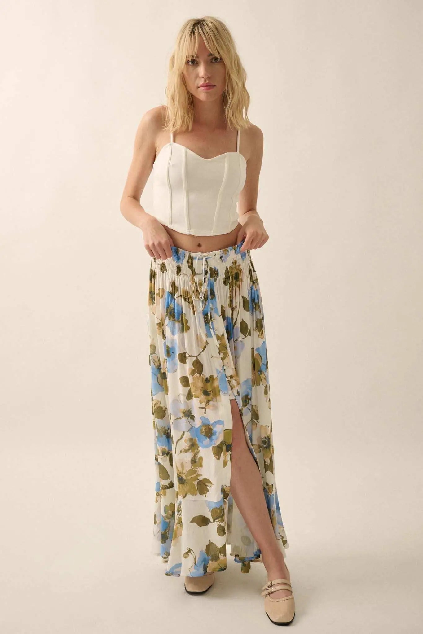 New Growth Floral Crepe Button-Front Maxi Skirt