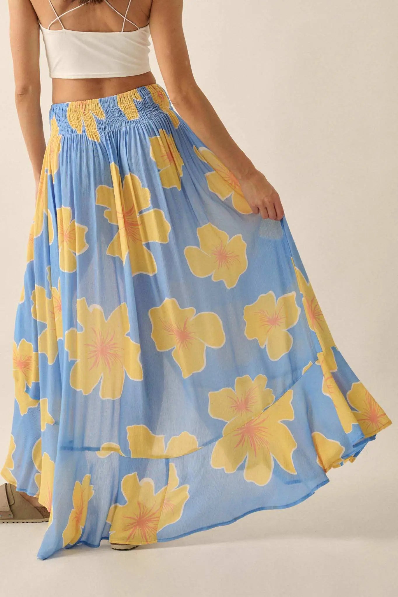 Hibiscus Grove Floral Crepe Buttoned Maxi Skirt