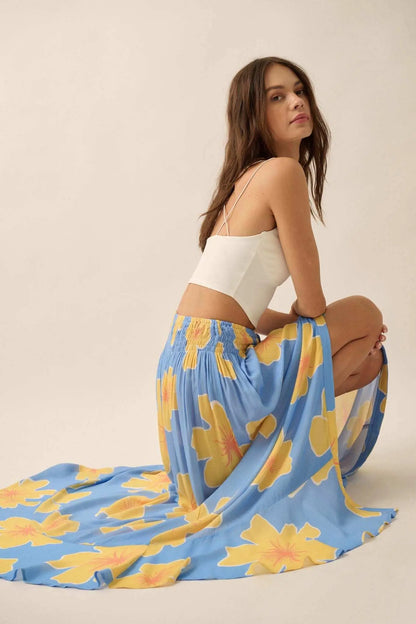 Hibiscus Grove Floral Crepe Buttoned Maxi Skirt