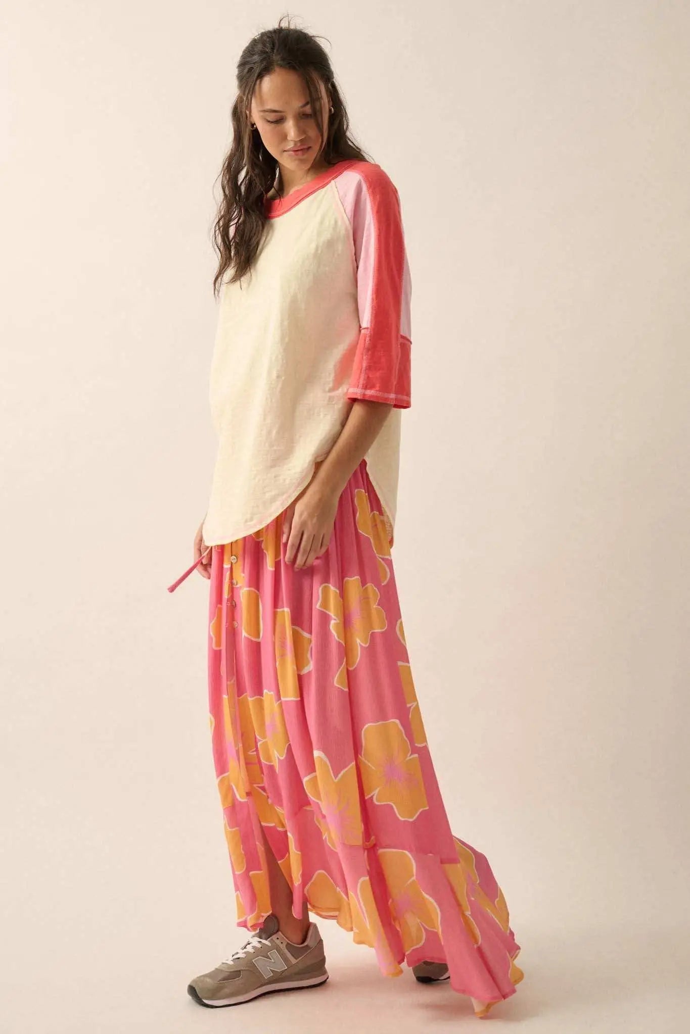 Hibiscus Grove Floral Crepe Buttoned Maxi Skirt
