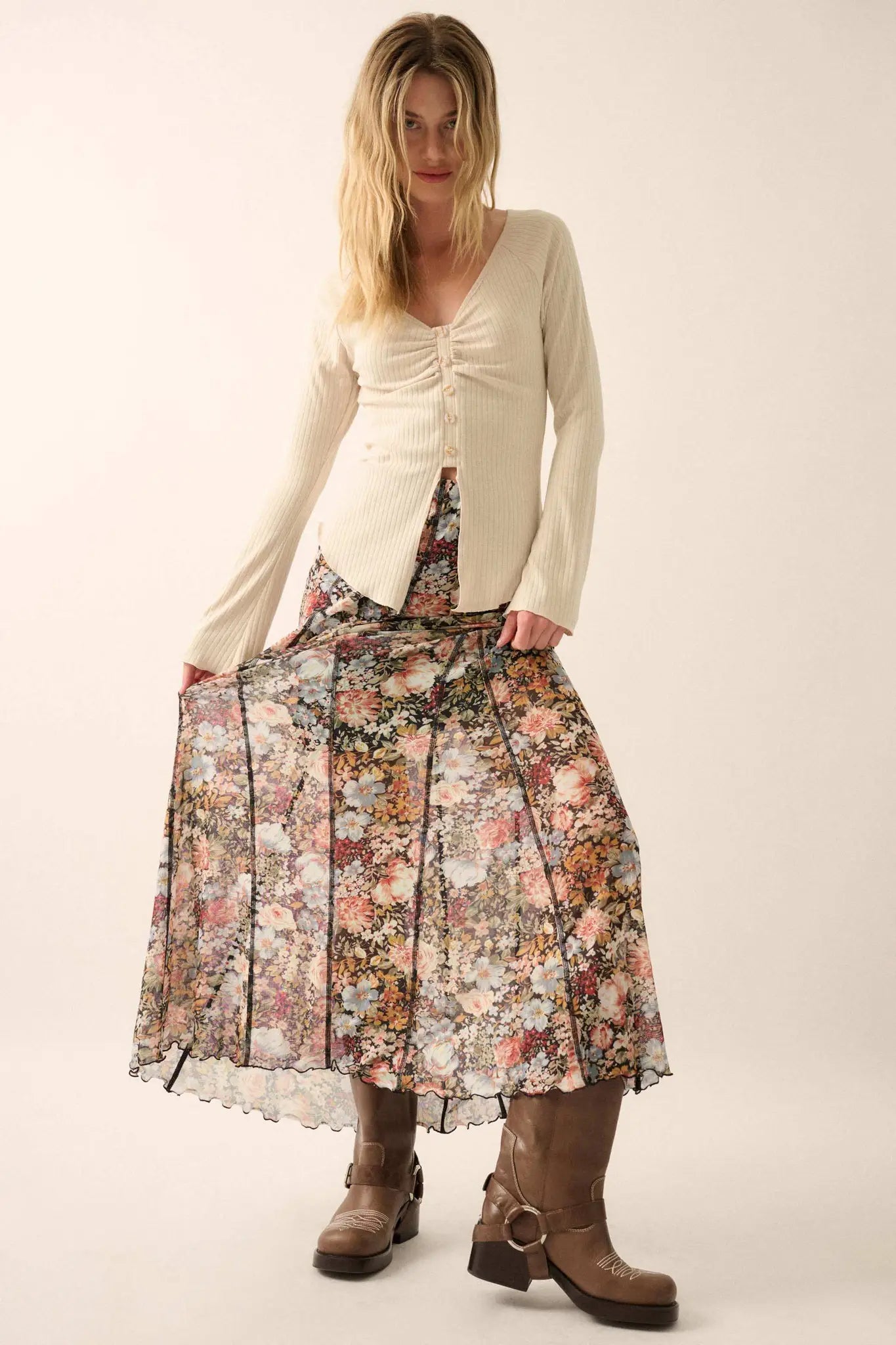 Autumn Harvest Floral Mesh Paneled Maxi Skirt