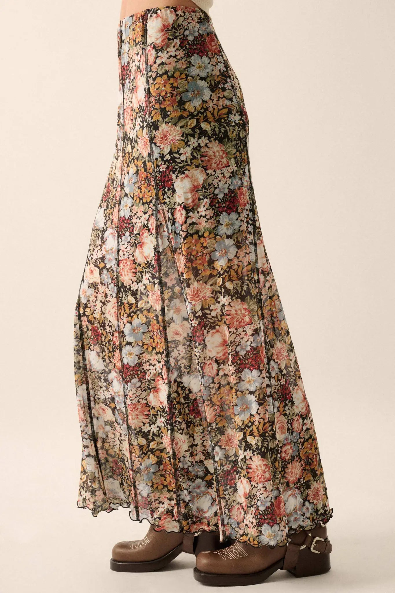 Autumn Harvest Floral Mesh Paneled Maxi Skirt