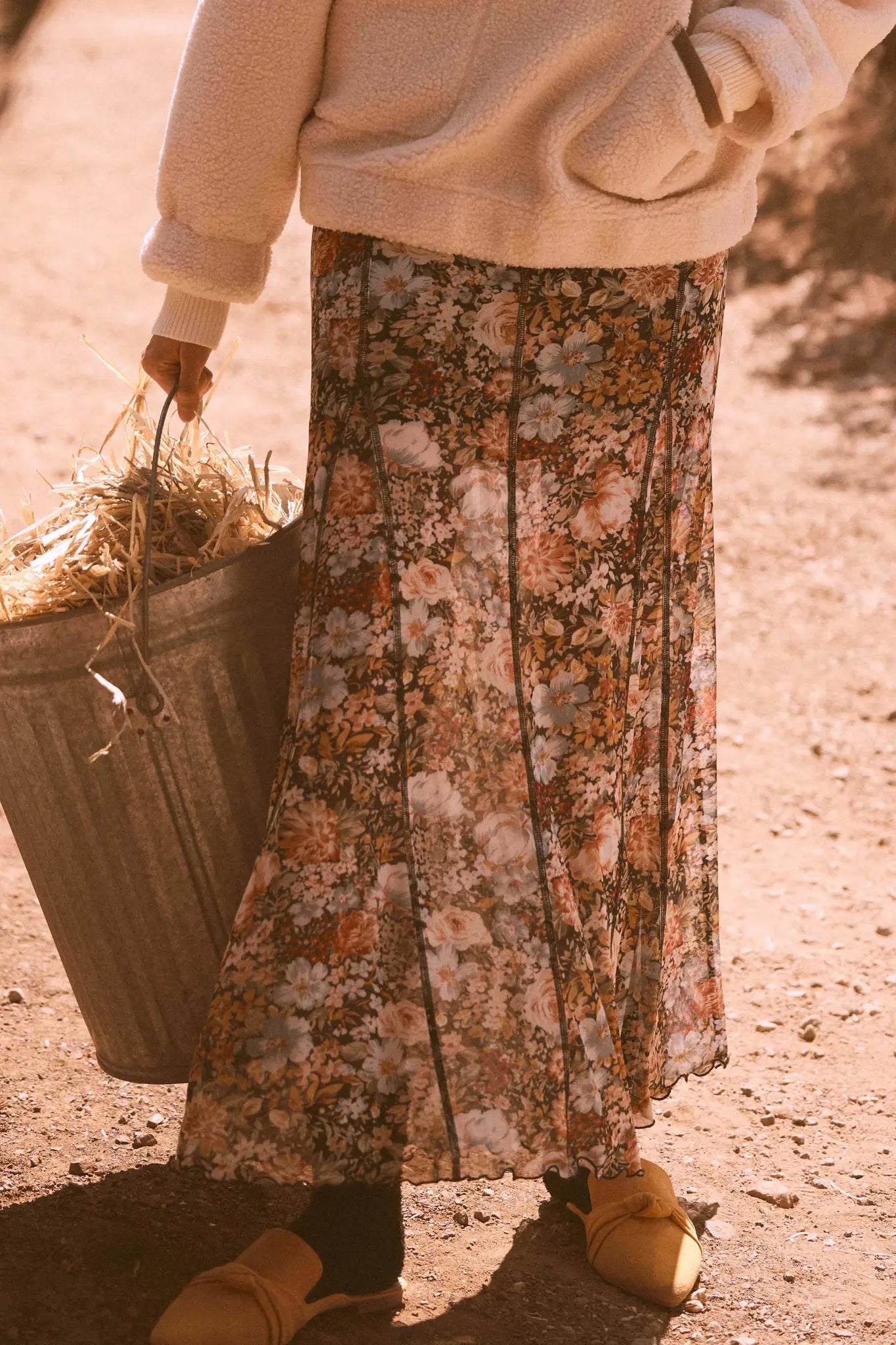 Autumn Harvest Floral Mesh Paneled Maxi Skirt