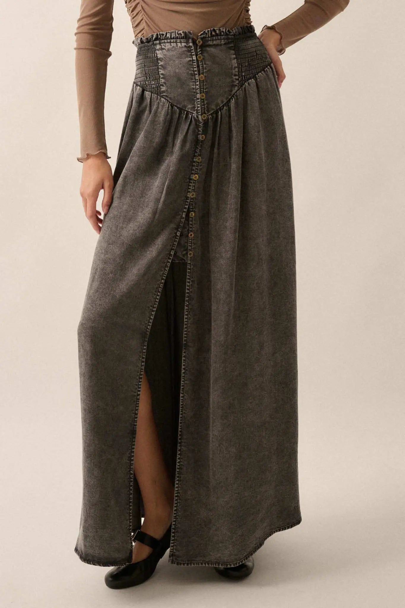 Softest Storm Acid-Wash Denim Buttoned Maxi Skirt