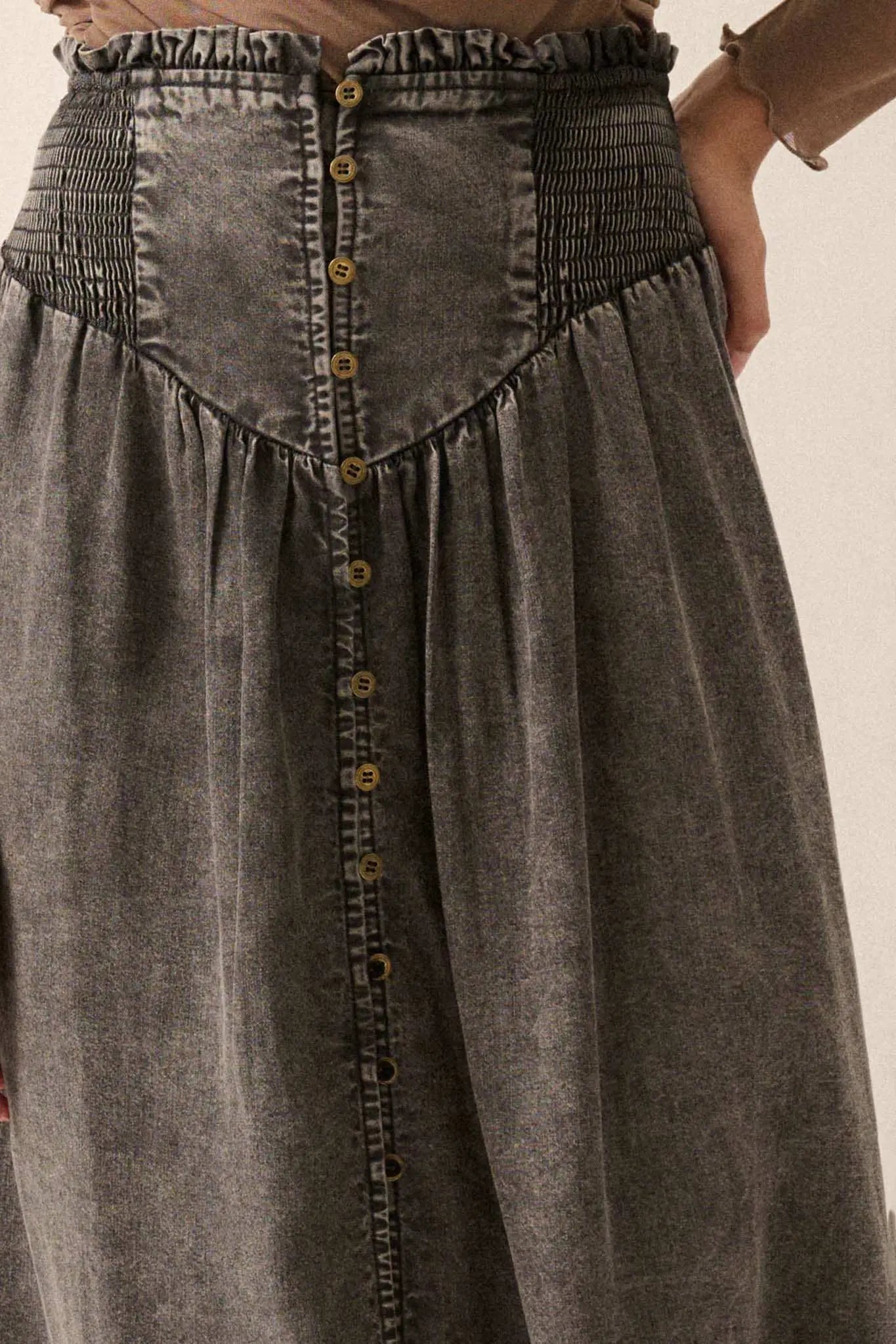 Softest Storm Acid-Wash Denim Buttoned Maxi Skirt