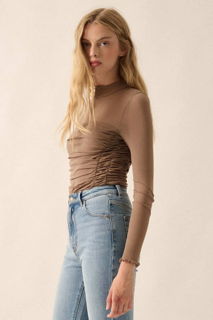 Sheer and There Layered Mesh Mock-Neck Bodysuit