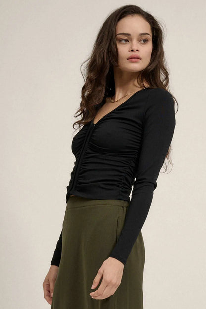 Lifted Fit Ruched Hook-Front Long-Sleeve Top
