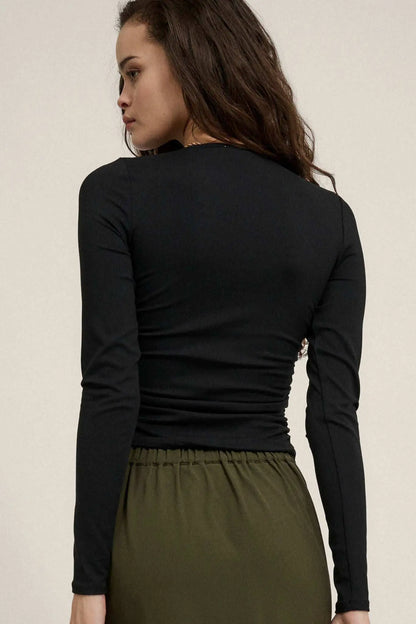 Lifted Fit Ruched Hook-Front Long-Sleeve Top