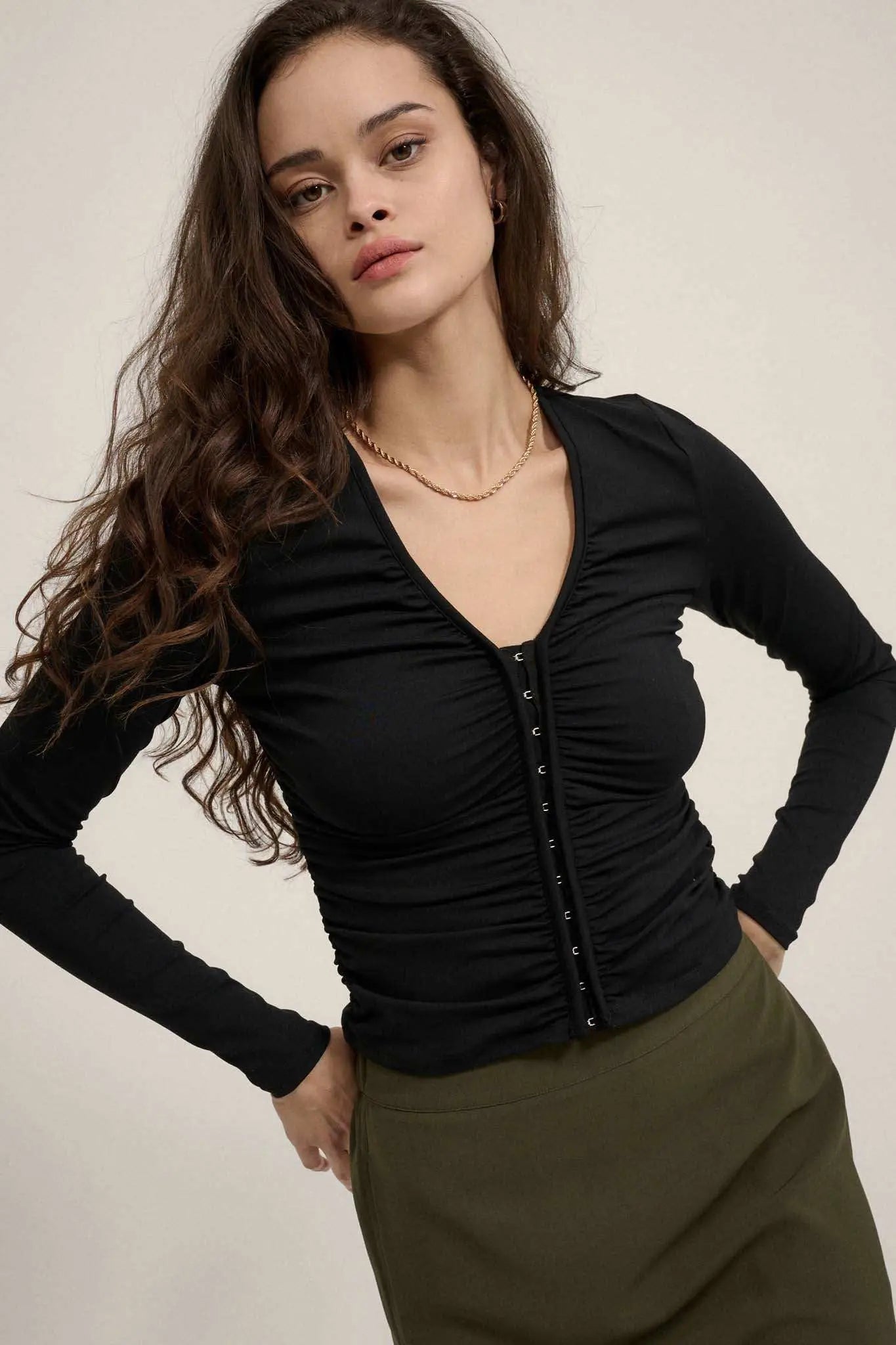 Lifted Fit Ruched Hook-Front Long-Sleeve Top