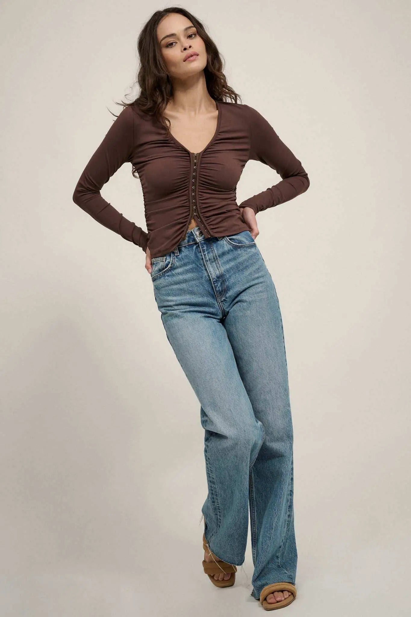 Lifted Fit Ruched Hook-Front Long-Sleeve Top