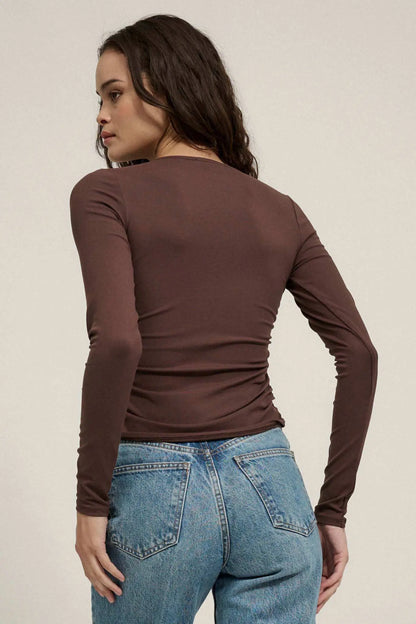 Lifted Fit Ruched Hook-Front Long-Sleeve Top