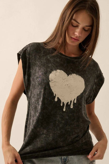 Melting Heart Vintage-Wash Cap-Sleeve Graphic Tee