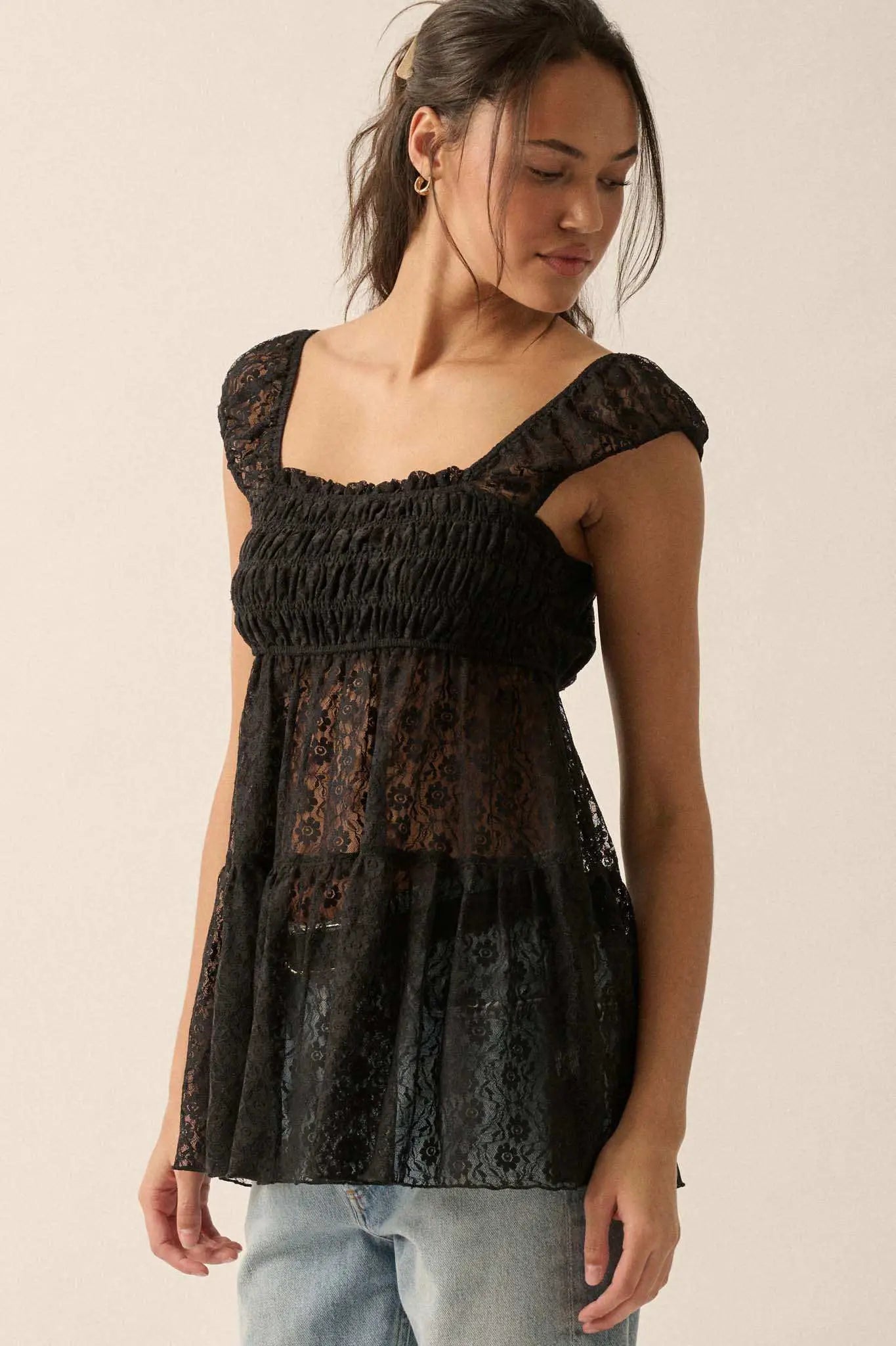 Purely Pretty Smocked Lace Babydoll Top