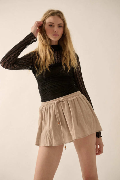 Belle Amour Ruched Striped Lace Mock-Neck Bodysuit