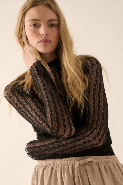 Belle Amour Ruched Striped Lace Mock-Neck Bodysuit