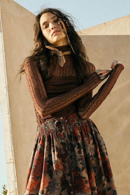 Belle Amour Ruched Striped Lace Mock-Neck Bodysuit